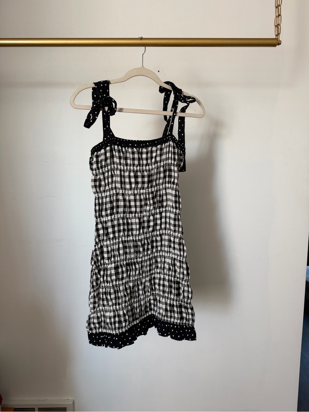 The Impeccable Pig Black and White Gingham Tie-Shoulder Dress